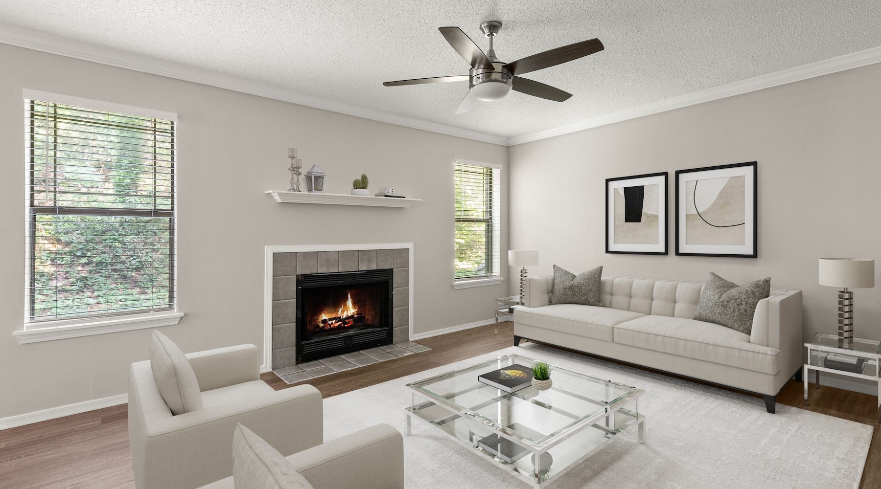 Spacious living areas to recline and recharge living room with couch fireplace and windows