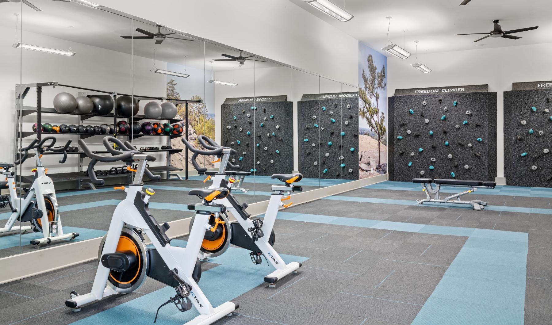 Settle into comfort at Sirona exercise space with spin bikes, weights, and climbing wall